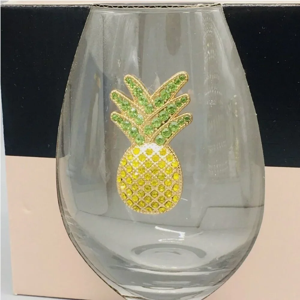 x2 Rachel Zoe Rhinestone Pineapple Stemless Wine Glass Set Bling Tropical 19oz